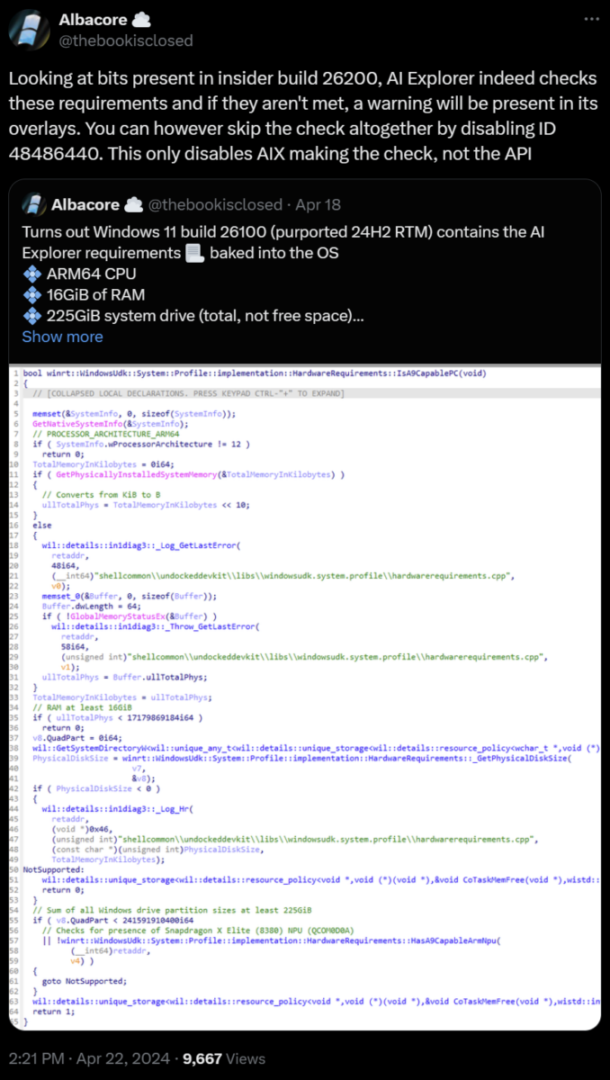 Albacore discute des découvertes de code de Microsoft Windows 11 24H2 sur X.