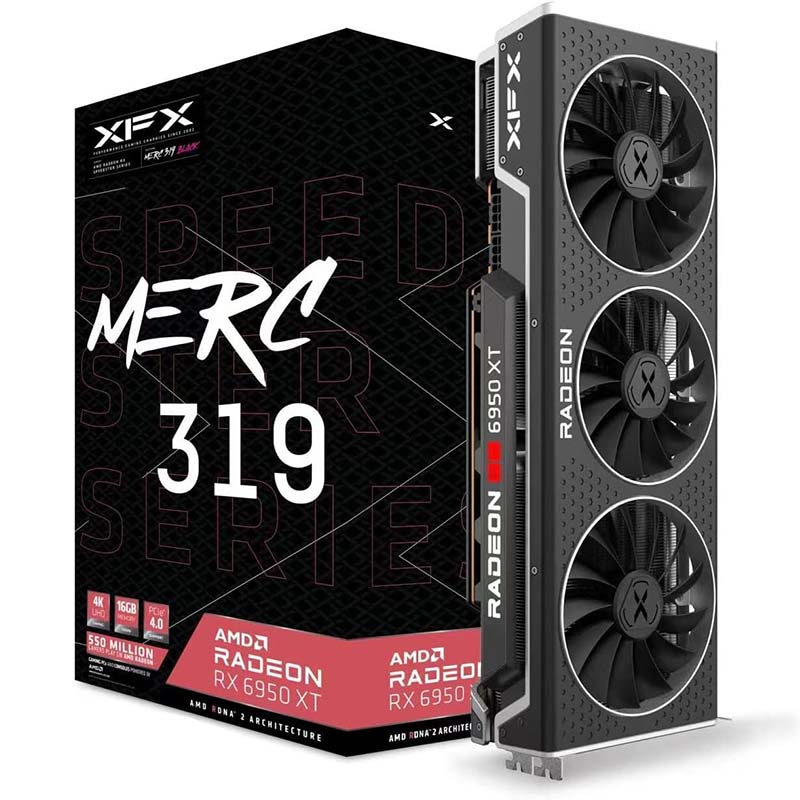 XFX Speedster MERC319 Radeon RX 6950 XT avec boîte sur fond blanc.