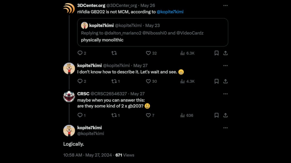Un fil X, entre kopite7kimi et d'autres utilisateurs X discutant de la puce GPU GeForce RTX 5090 GB202