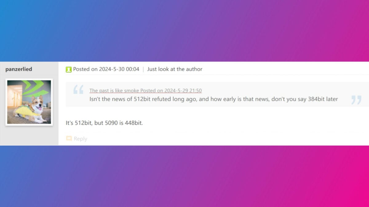 Capture d'écran traduite d'un fil Chiphell, détaillant un post de panzerlied dans lequel la largeur du bus mémoire de la RTX 5090 est discutée
