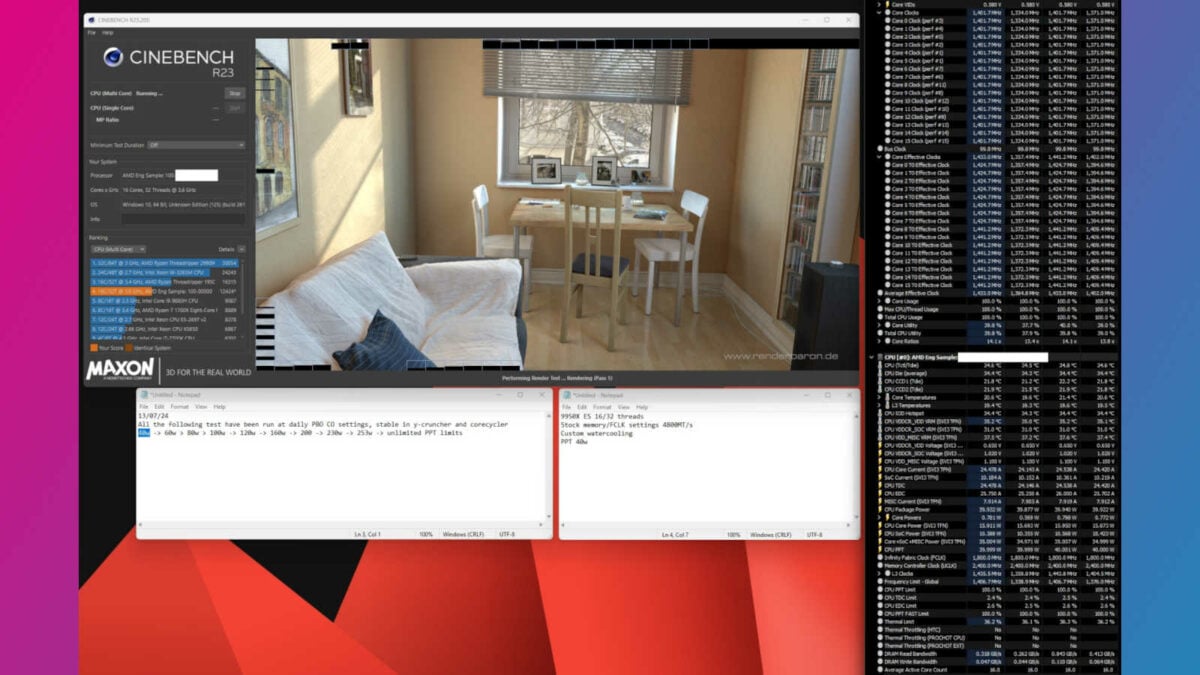 Cinebench R23 fonctionnant sur un échantillon d'ingénierie Ryzen 9 9950X avec une TDP de 40W