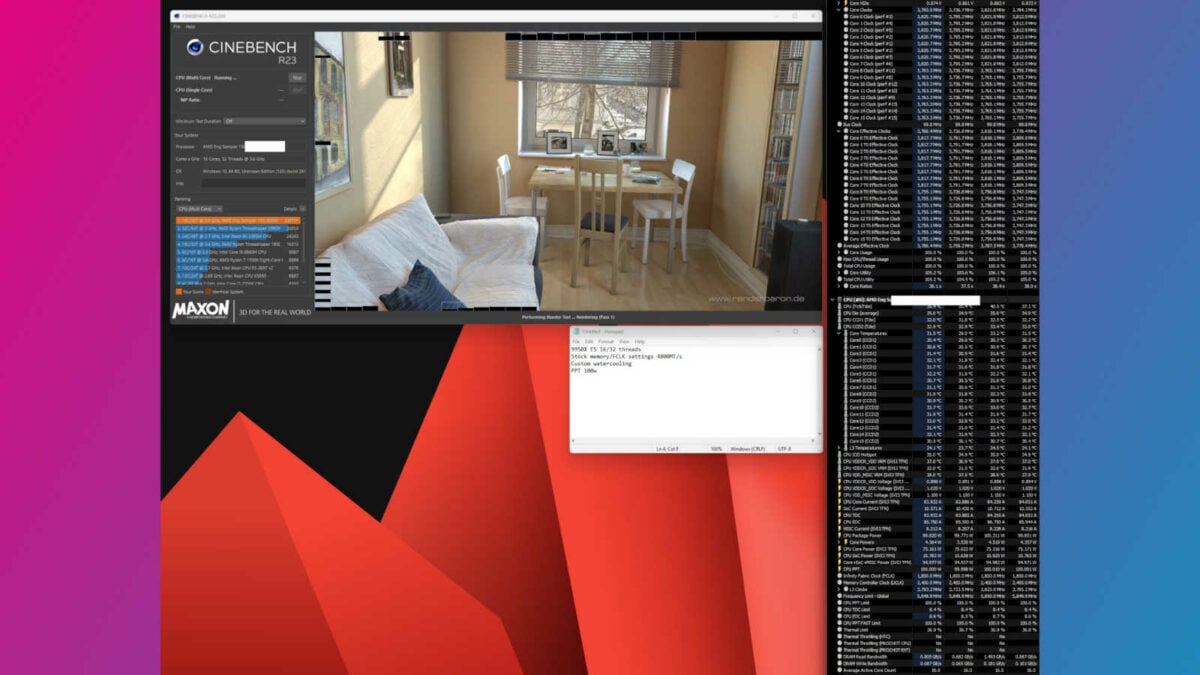 Cinebench R23 fonctionnant sur un échantillon d'ingénierie Ryzen 9 9950X avec une TDP de 100W