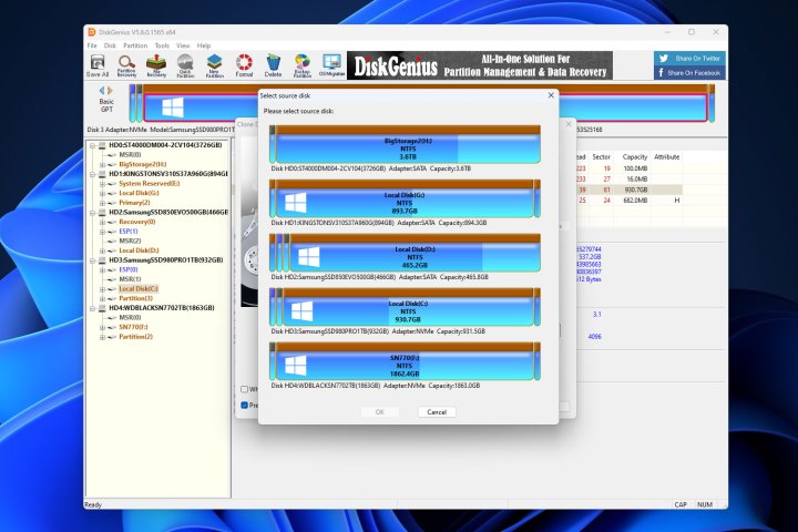 Sélection du disque source dans Disk Genius.
