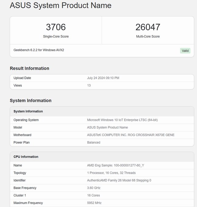 Un score de benchmark divulgué pour un échantillon d'ingénierie d'AMD Ryzen 9 9950X