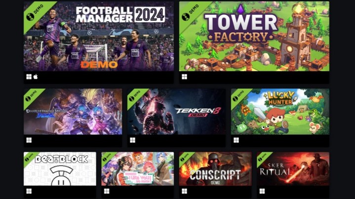 Un ensemble de démos Steam listées sur la page des démos Steam.