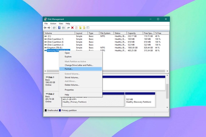 Capture d'écran de l'outil Gestion des disques pour formater un SSD sur Windows 10.