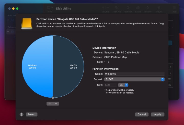 L'écran Diviser le disque dans MacOS Big Sur.