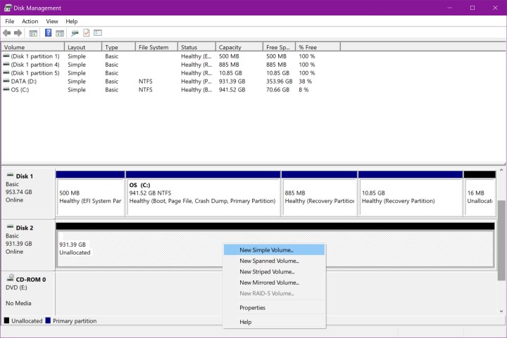 L’option Nouveau volume simple dans Gestion des disques Windows 10.