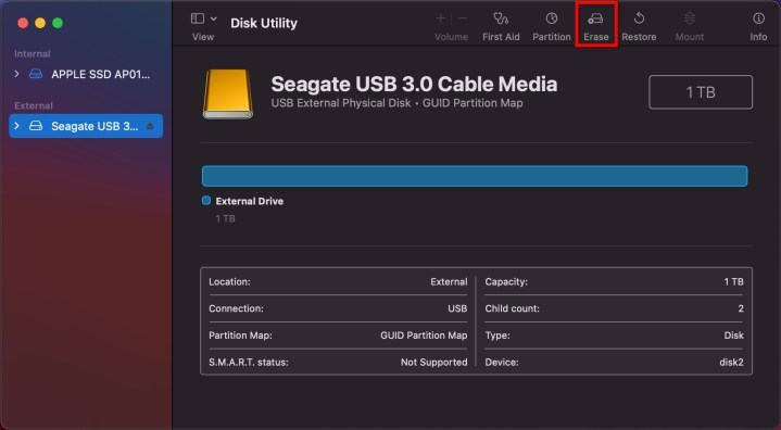 L'option Effacer le disque externe dans MacOS Big Sur.