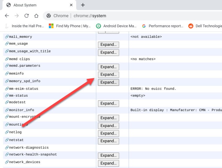 Naviguer vers meminfo dans Chrome OS.