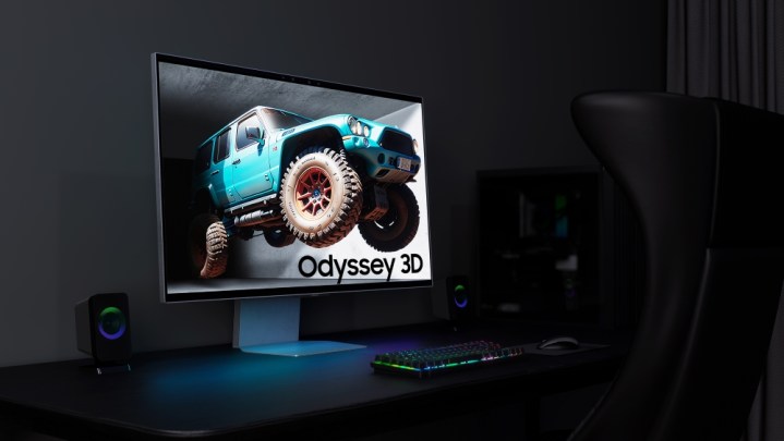 Le moniteur Samsung Odyssey 3D placé sur un bureau.