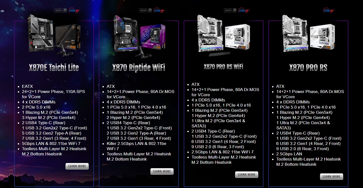 ASRock X870E Taichi Lite X870 Riptide WiFi X870 Pro RS WiFi X870 PRO RS