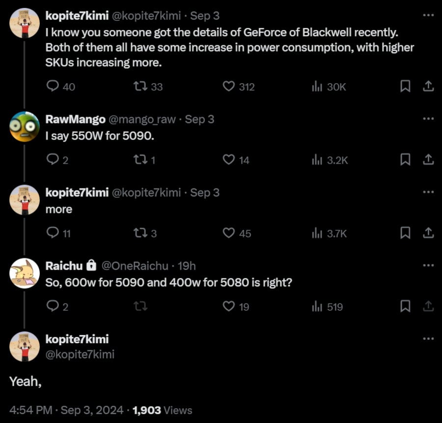 Échange entre les utilisateurs X kopite7kimi, mango_raw et OneRaichu, évoquant les TDPs de la RTX 5090