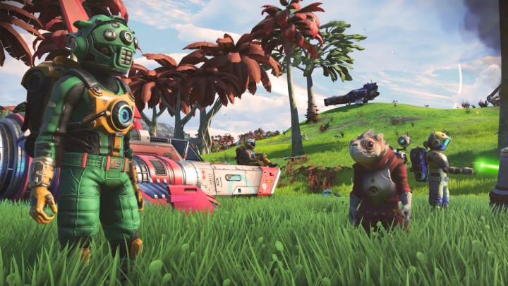 Un astronaute dans un champ avec un alien et quelques vaisseaux stationnés.