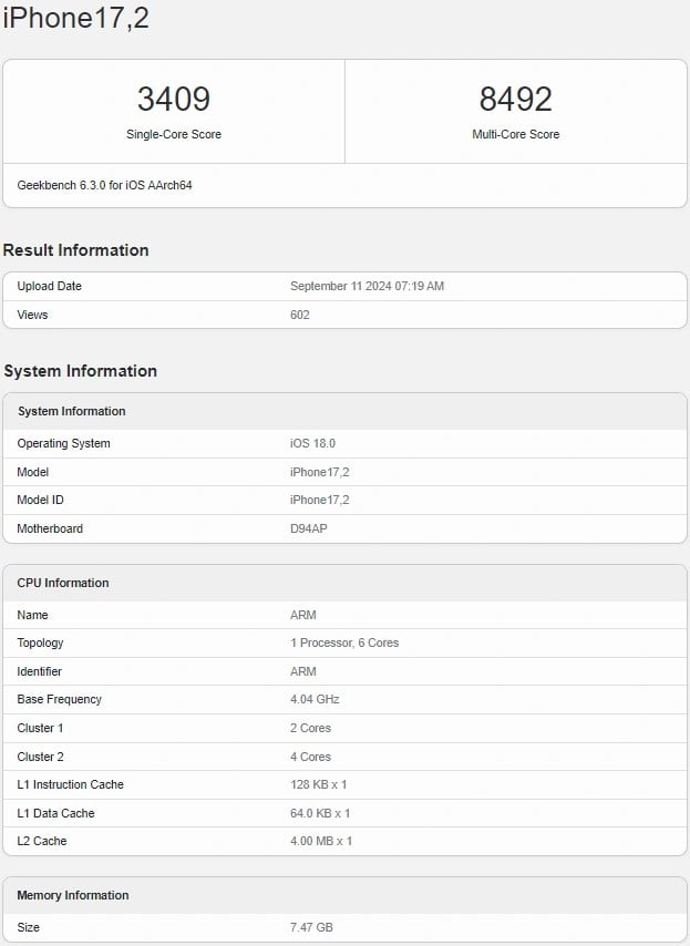 Apple A18 Pro on Geekbench.