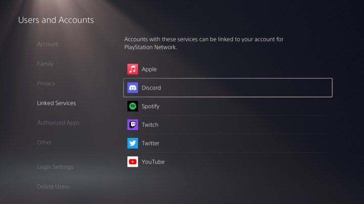 Écran de lien de l'application Discord sur PS5.