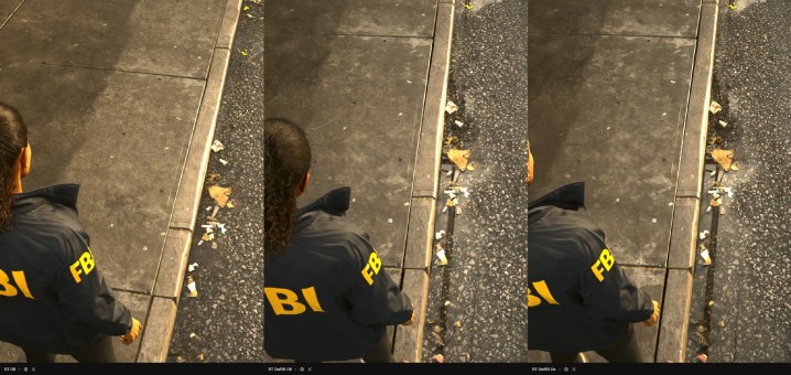 Une flaque sur un trottoir montrant des reflets dans Alan Wake 2.