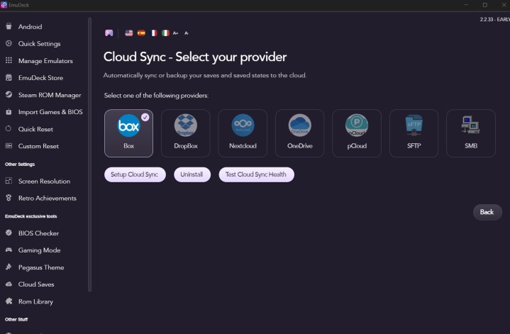 Paramètres de synchronisation cloud dans l'application EmuDeck.