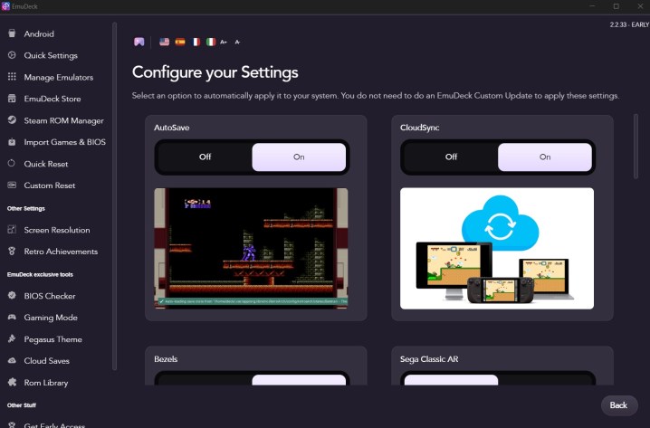 Paramètres dans l'application EmuDeck.