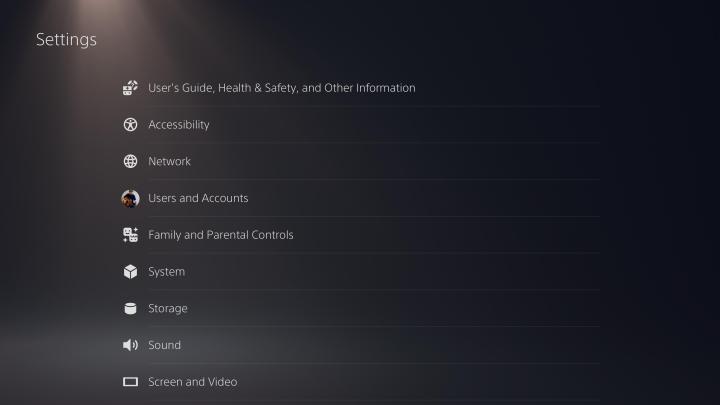 Menu des paramètres PS5