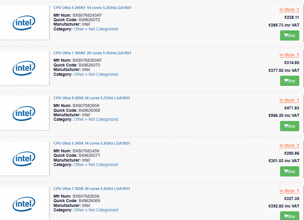 Intel Core Ultra 200 listings