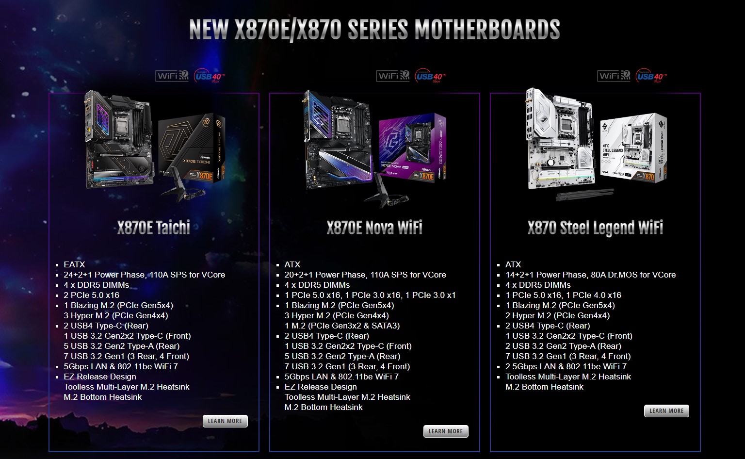 ASRock X870E Taichi, X870E Nova WiFi X870 Steel Legend WiFi