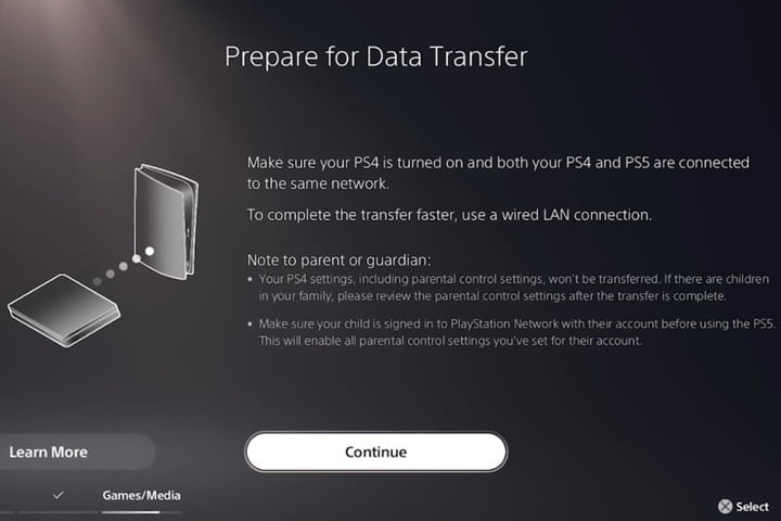 L'écran de préparation au transfert de données sur PlayStation 5.