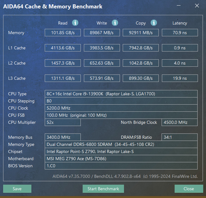 Benchmark AIDA64 Intel Core i9-13900K