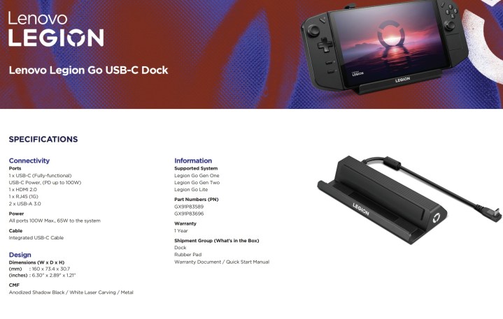 Une documentation produit du dock USB-C Lenovo Legion Go.