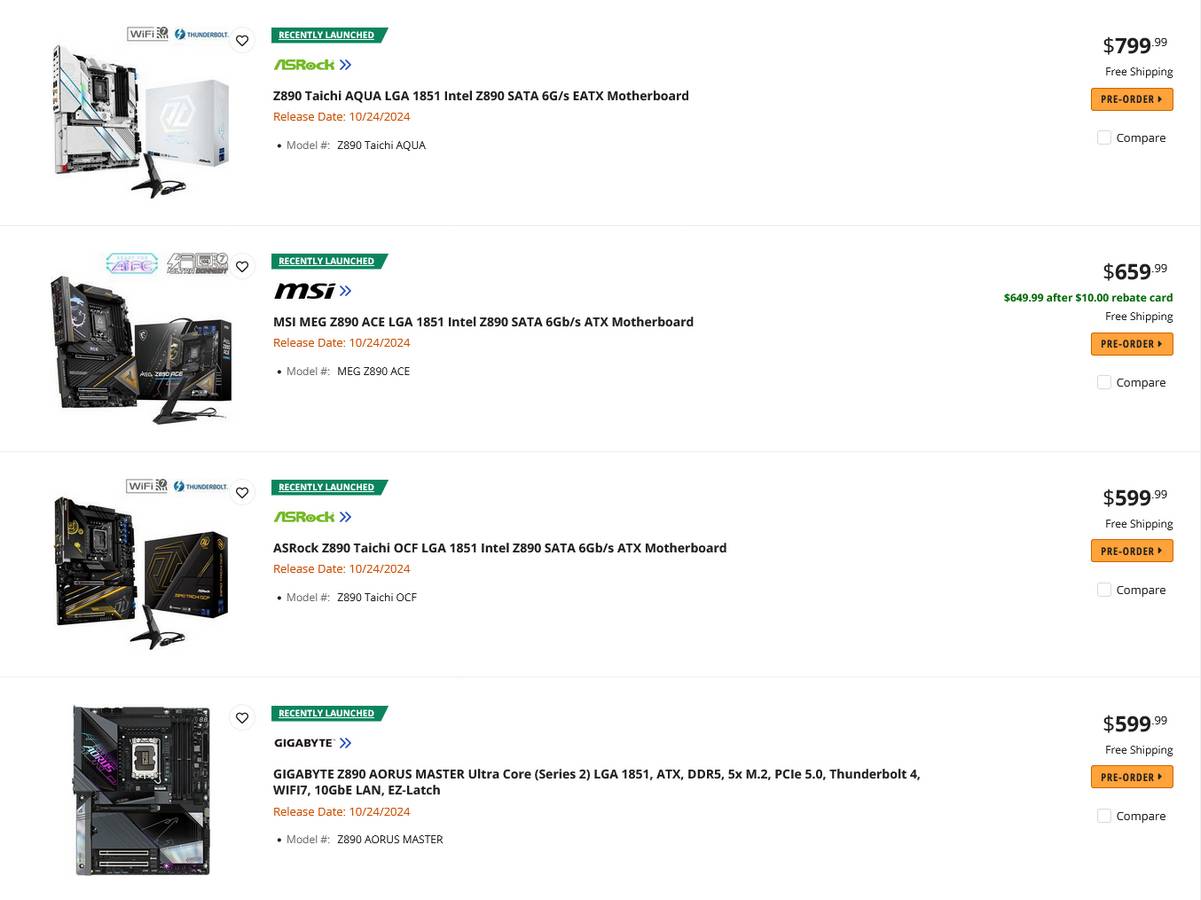 Intel Z890 motherboard listings on Newegg.