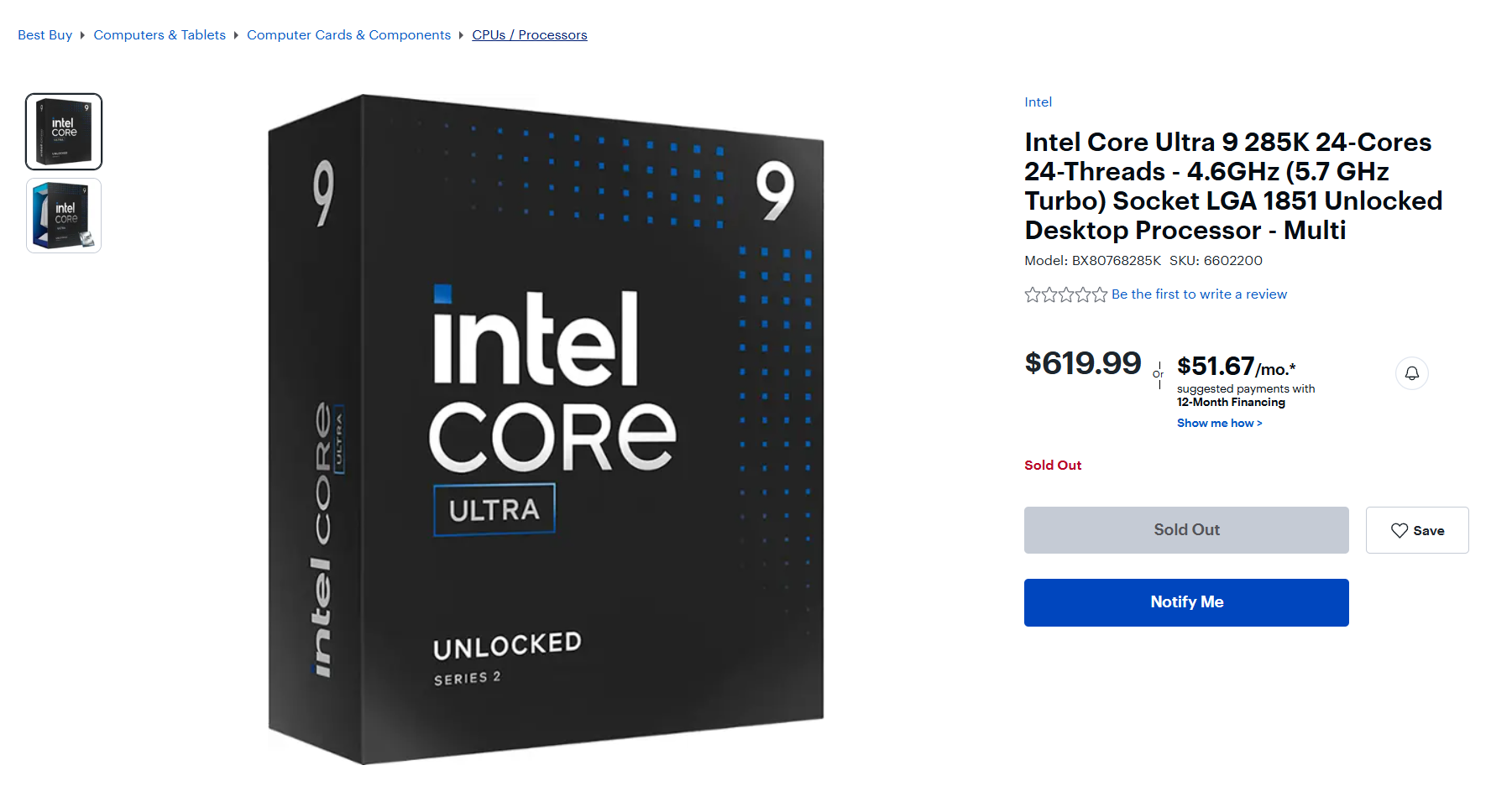Intel Core Ultra 9 285K en rupture de stock