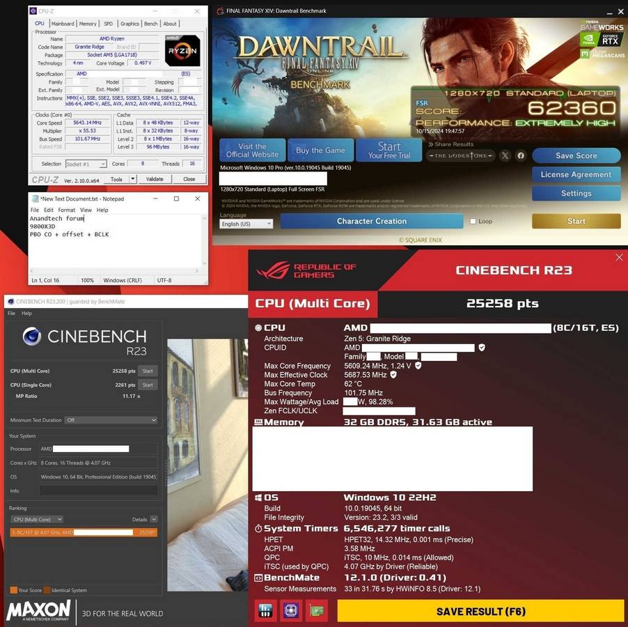 Résultat Cinebench R23 du AMD Ryzen 7 9800X3D.
