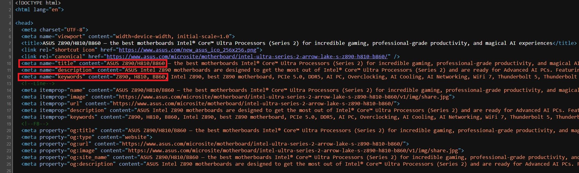 Code source de la microsite ASUS Z890 pour H810 et B860
