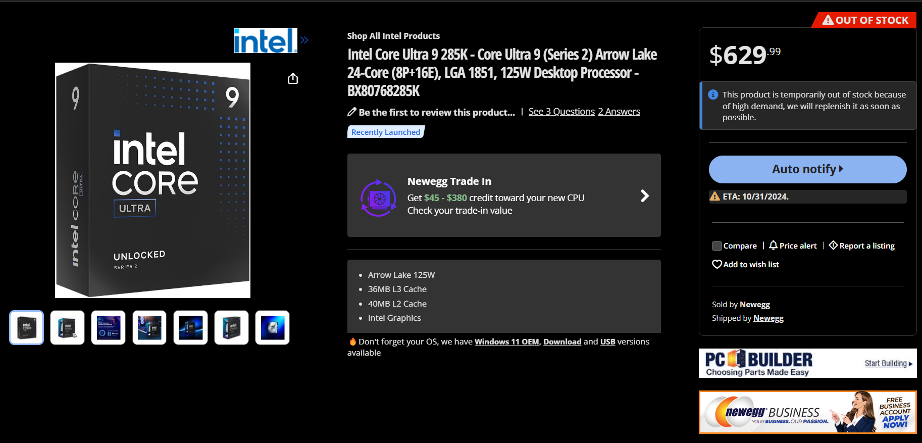 Intel Core Ultra 9 285K épuisé rapidement au Japon