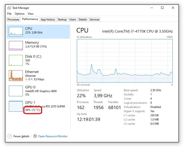 Gestionnaire des tâches Windows affichant la température du GPU.