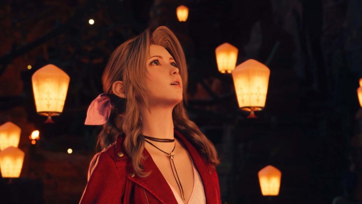 Aerith regarde des lanternes flottantes dans Final Fantasy VII Rebirth.