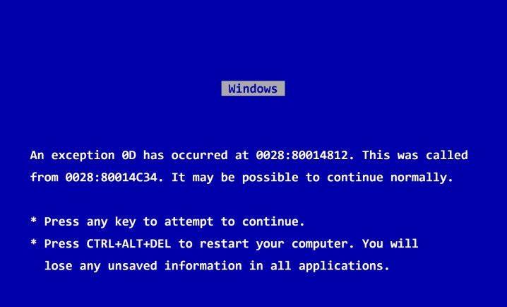 Une erreur d'écran bleu dans Windows 95.