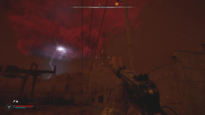 Le joueur regarde un ciel rouge sang causé par une Émission dans Stalker 2.