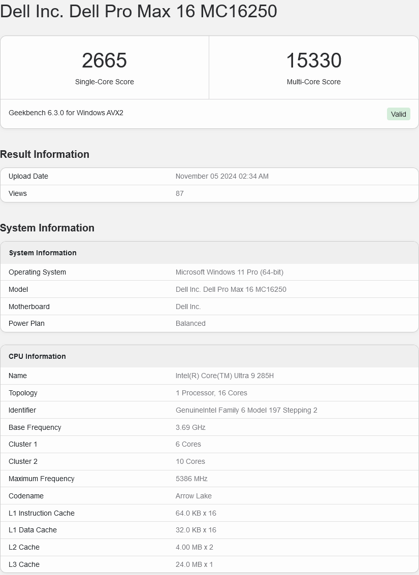 Intel Core Ultra 9 285H sur Geekbench.