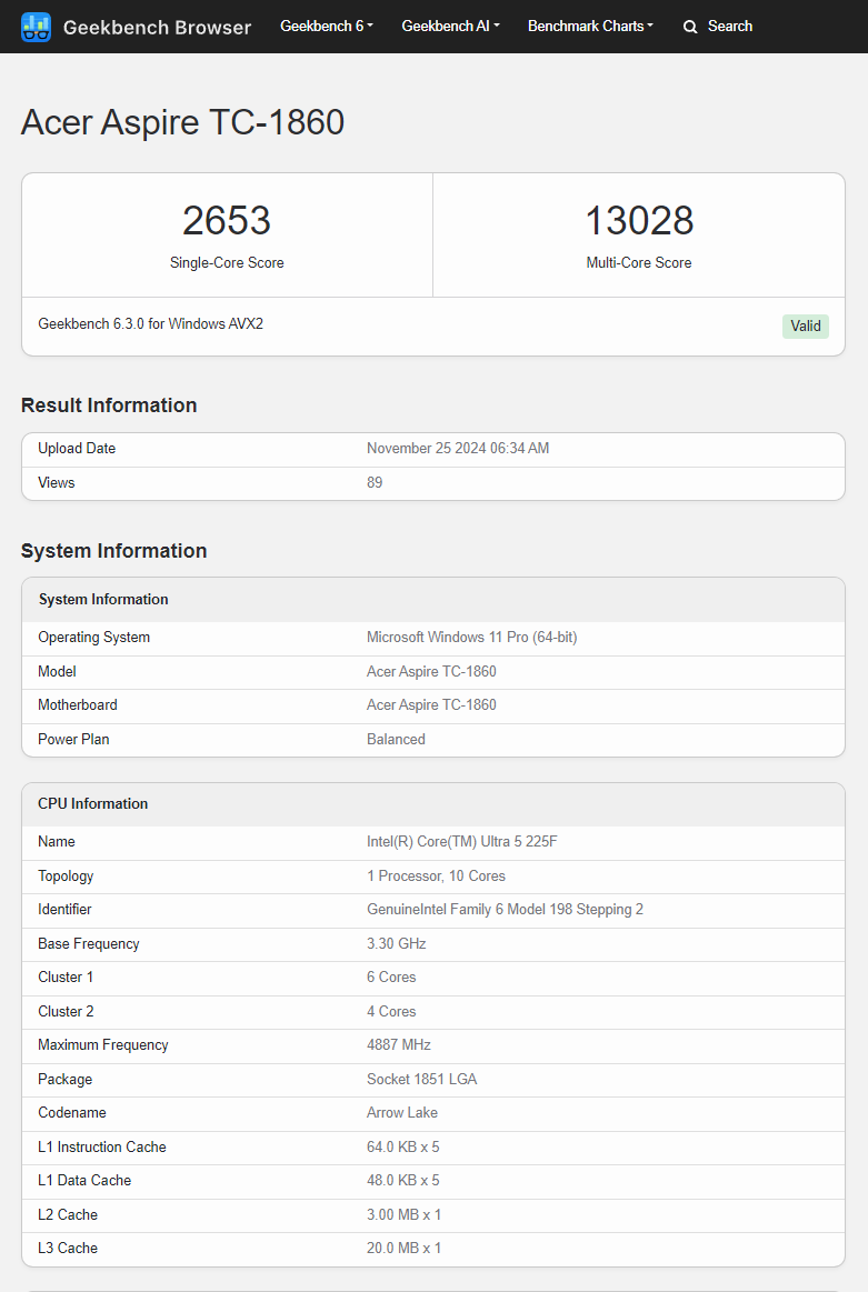 Geekbench Core Ultra 5 225F