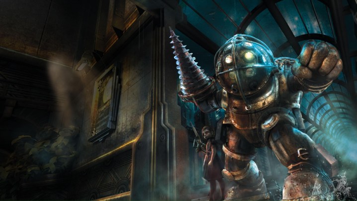 Art promotionnel de BioShock mettant en scène le menaçant Big Daddy dans son armure.