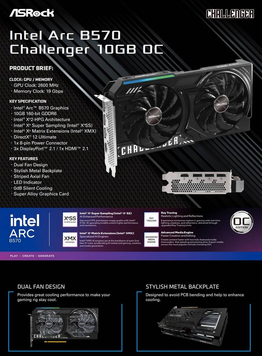 Carte ASRock Arc B570 Challenger 10GB OC.