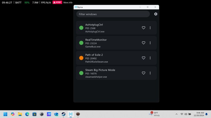 L'application Nyrna en cours d'exécution sur le ROG Ally.