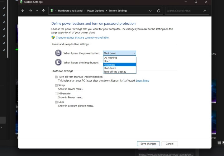 Option pour modifier le bouton d'alimentation dans Windows 11.