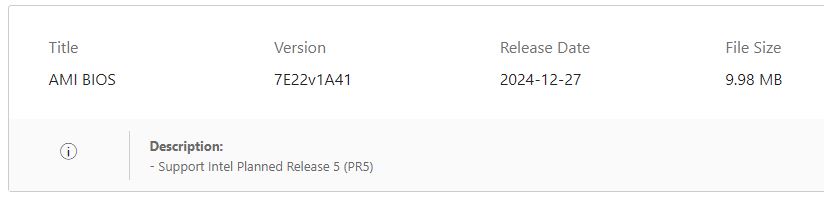 Version du BIOS MSI 7E22v1A41
