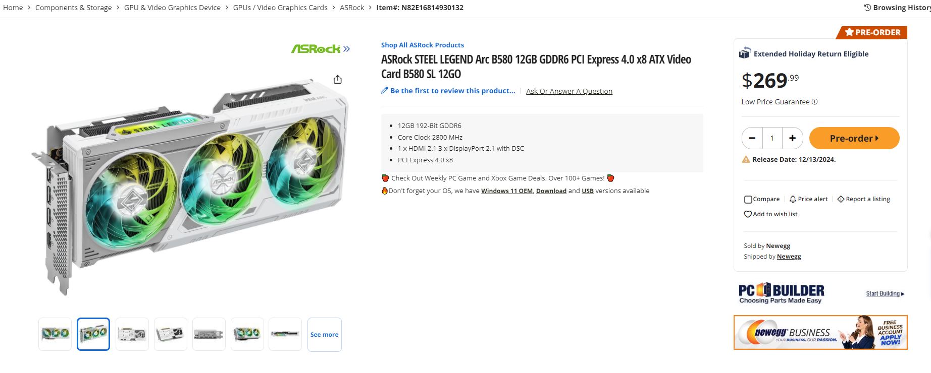 ASRock Steel Legend Arc B580 Newegg