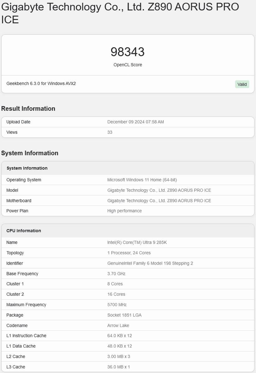 Résultat Geekbench OpenCL de l'Intel Arc B580