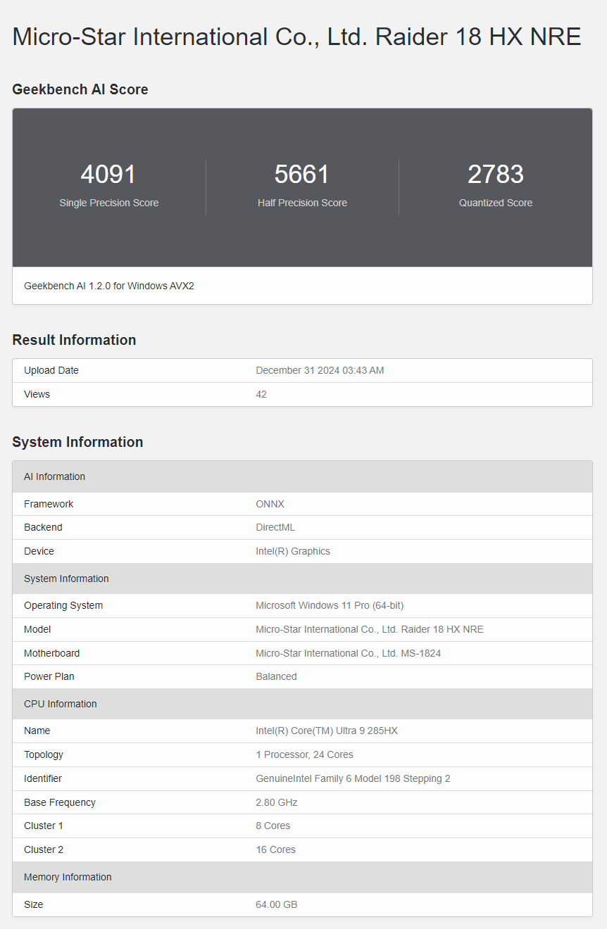 Geekbench AI Core Ultra 9 285HX