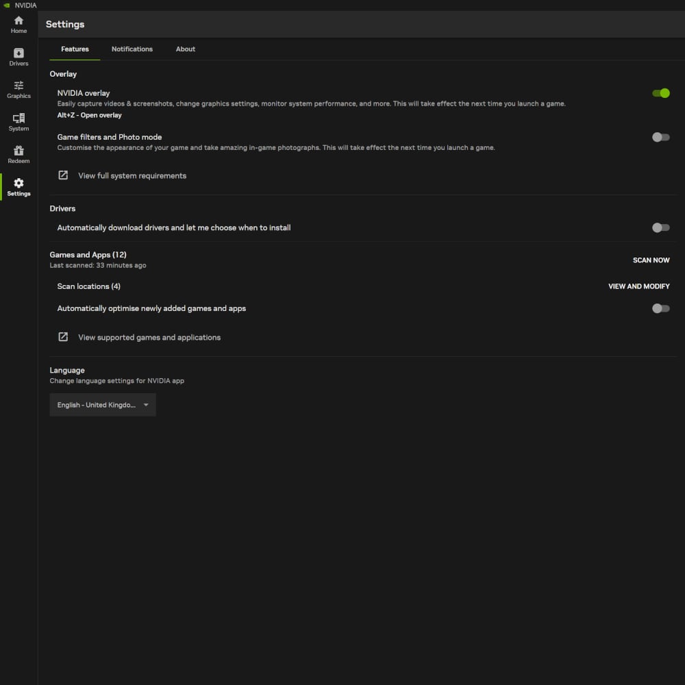 Une capture d'écran du menu des paramètres de Nvidia App, avec 'Filtres de jeu et mode photo' désactivés.