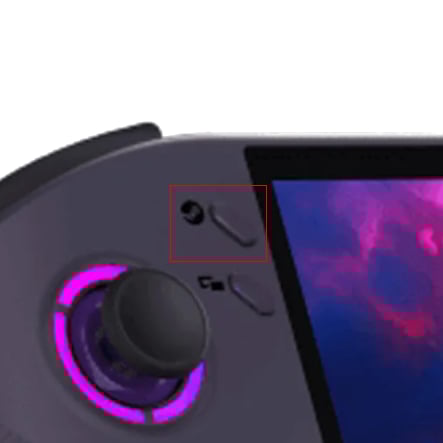 Image zoomée du portable Lenovo Legion, avec un carré rouge soulignant son bouton Steam.